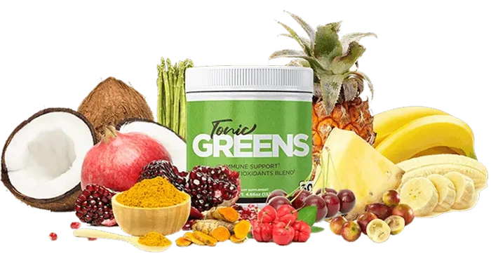 TonicGreens tub surrounded by fresh fruits and vegetables